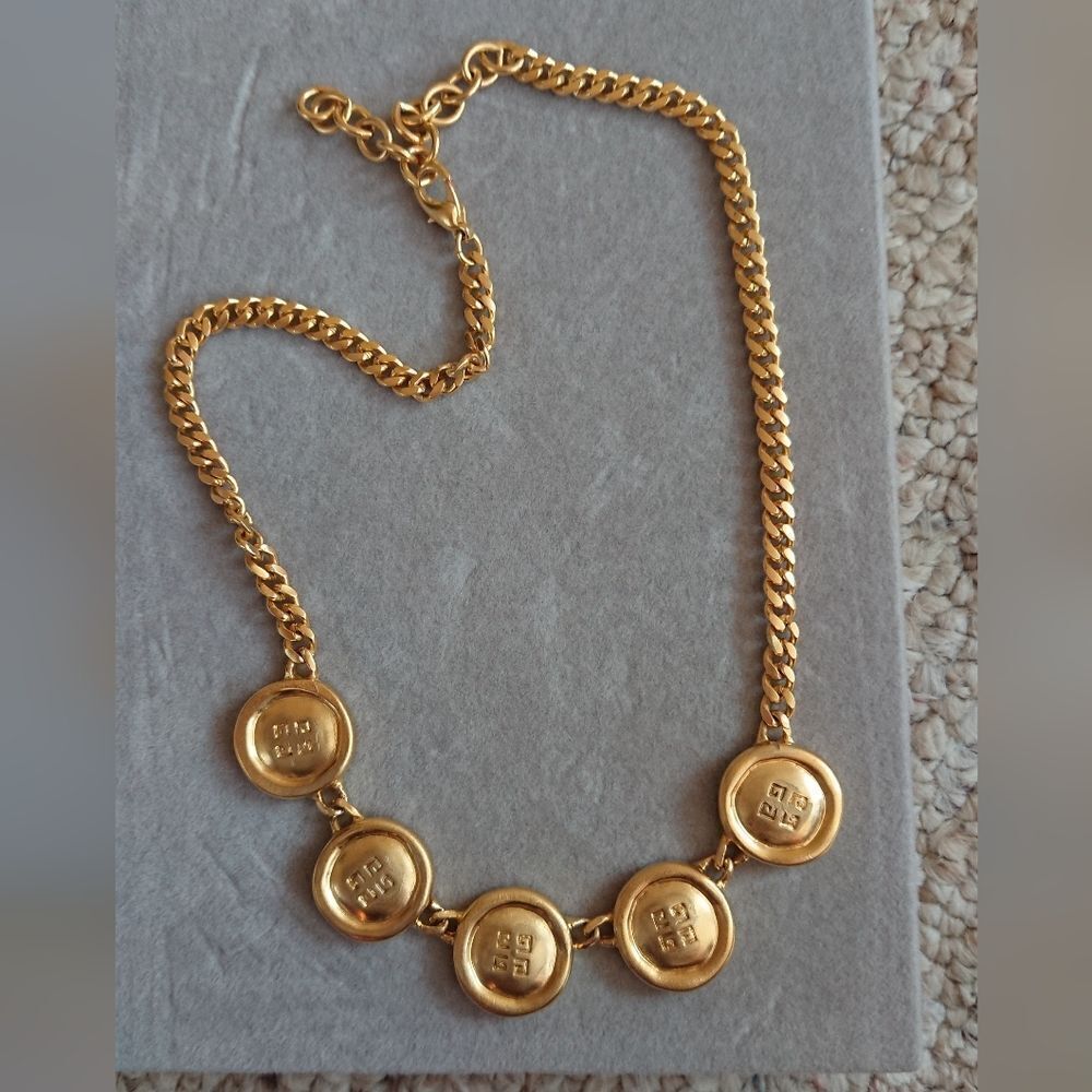 vintage Givenchy 5P Medallion coin logo Gold Chain Necklace